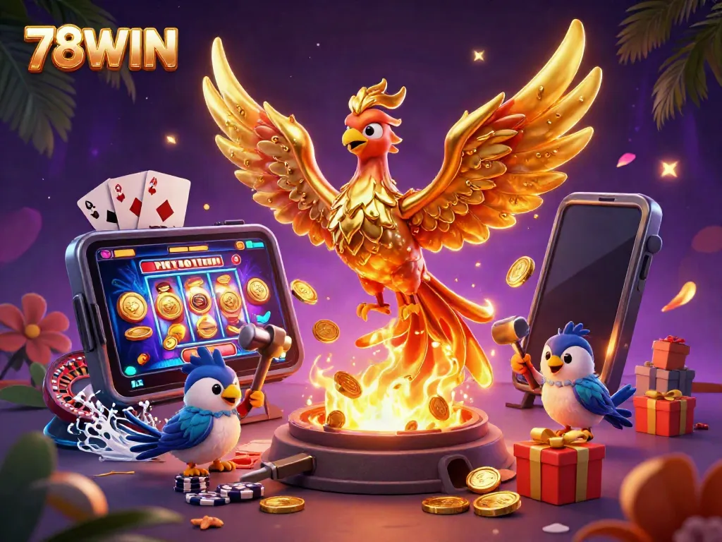 Engage in thrilling gaming with 78WIN, where a golden phoenix heralds riches as coins rain down from a vibrant scene.