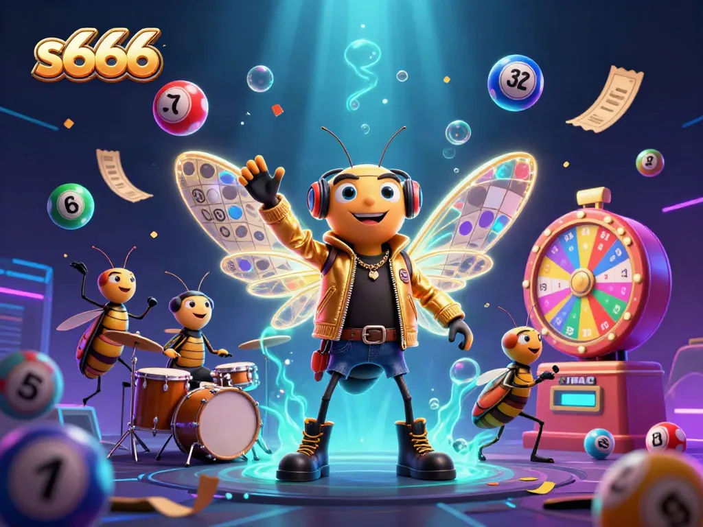 s666 lottery balls and a 3D rock star live casino scene packed with gaming elements for gamblers.