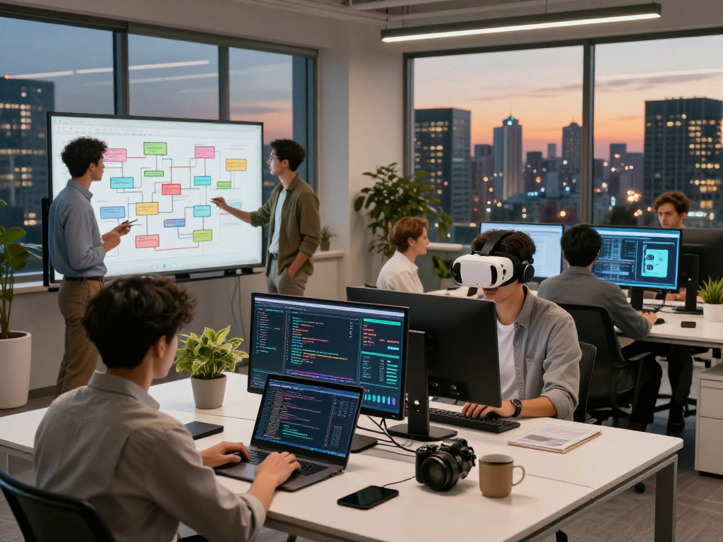 Team collaborating on software development at net88 in a modern office.