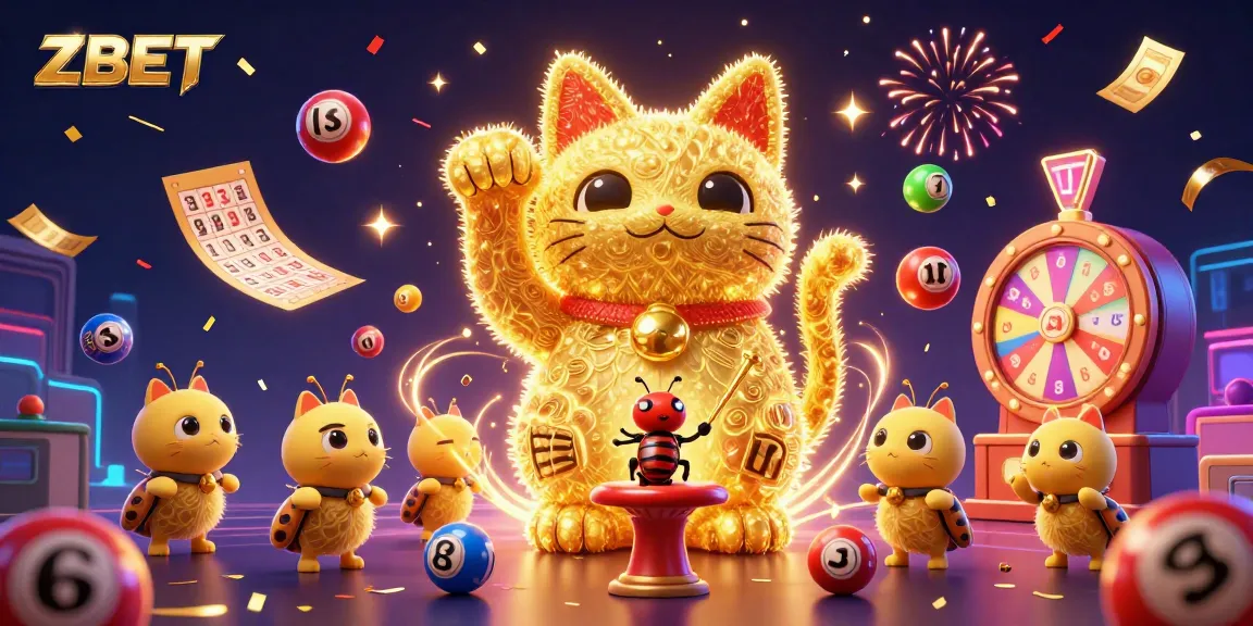ZBET showcases a vibrant scene of a lucky cat and festive lottery elements, immersing players in excitement.