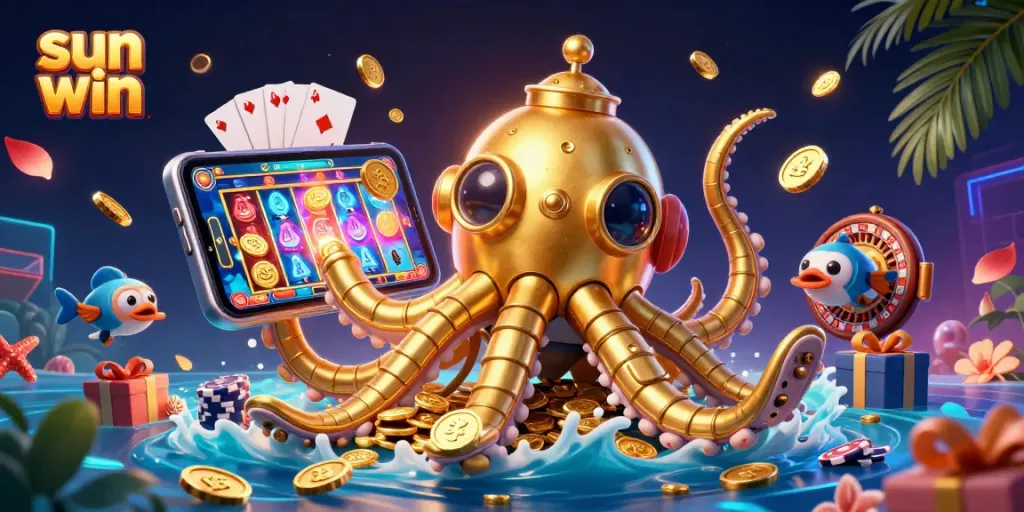 Experience the thrill of sun win with a vivid casino scene featuring spinning slots and golden coins.
