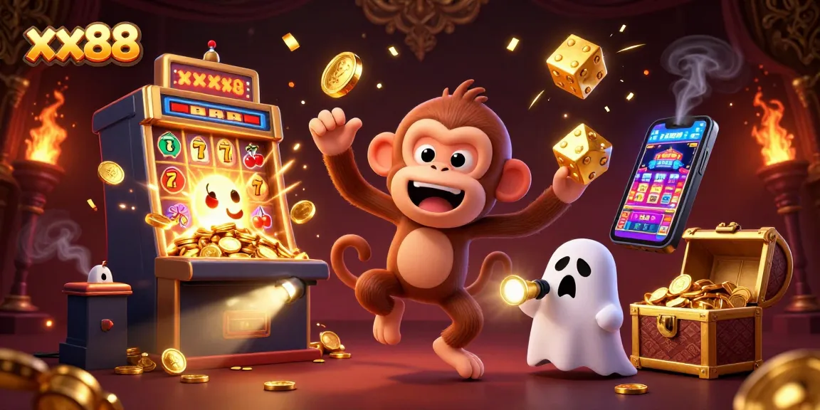 Experience exciting gameplay at xx88 with a lively poltergeist monkey and ghost-hunter puppy in a vibrant casino!