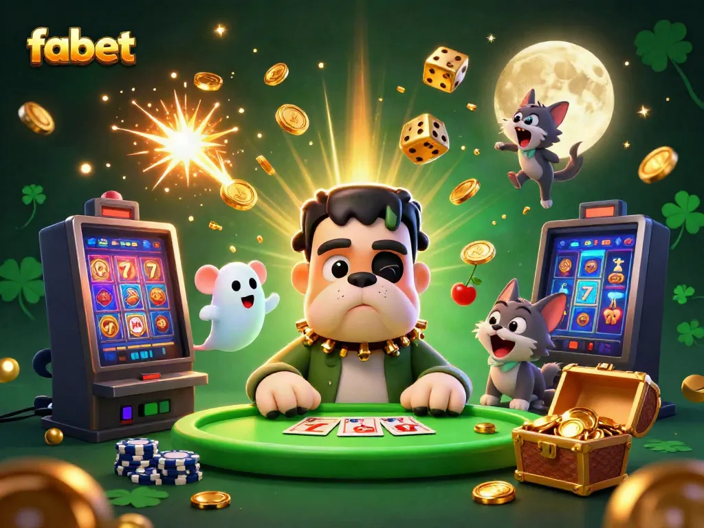 Experience the thrill of fabet with a lively 3D cartoon scene featuring a unique monster dealer, gold treasures, and vibrant casino elements.
