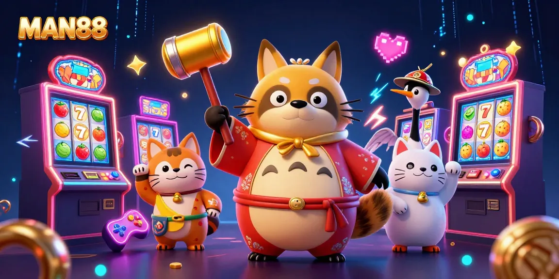 Win big at MAN88 with fun cartoon characters in a vibrant casino scene full of games.