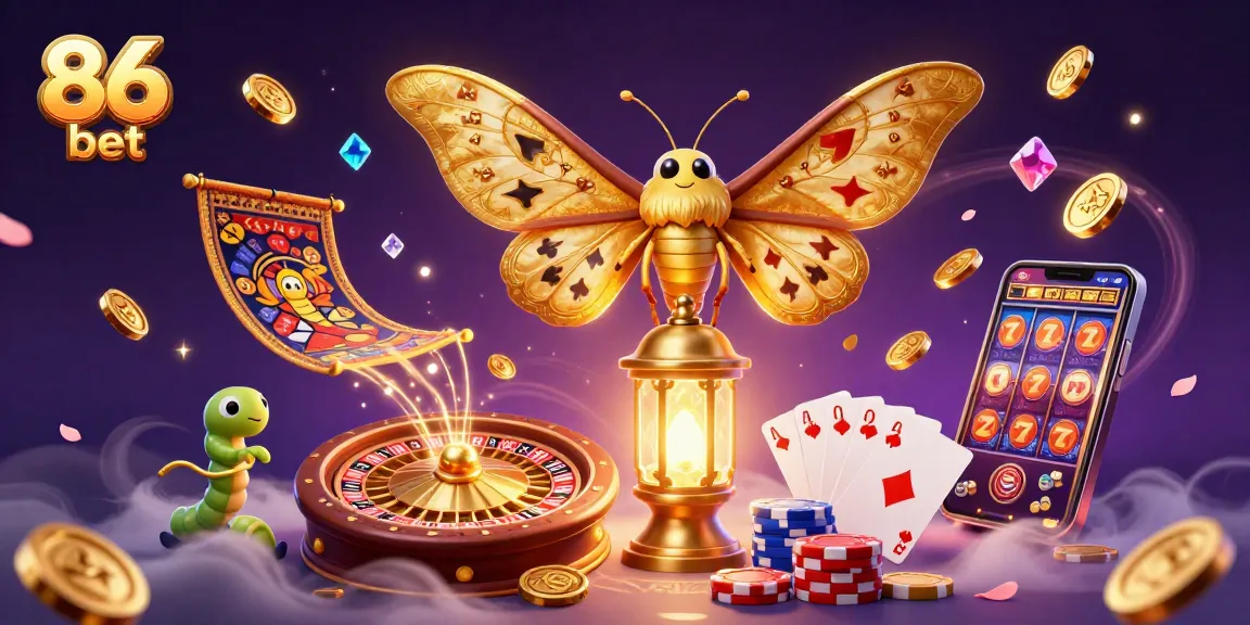 Experience winning moments at 86 bet with golden moths illuminating casino scenes.