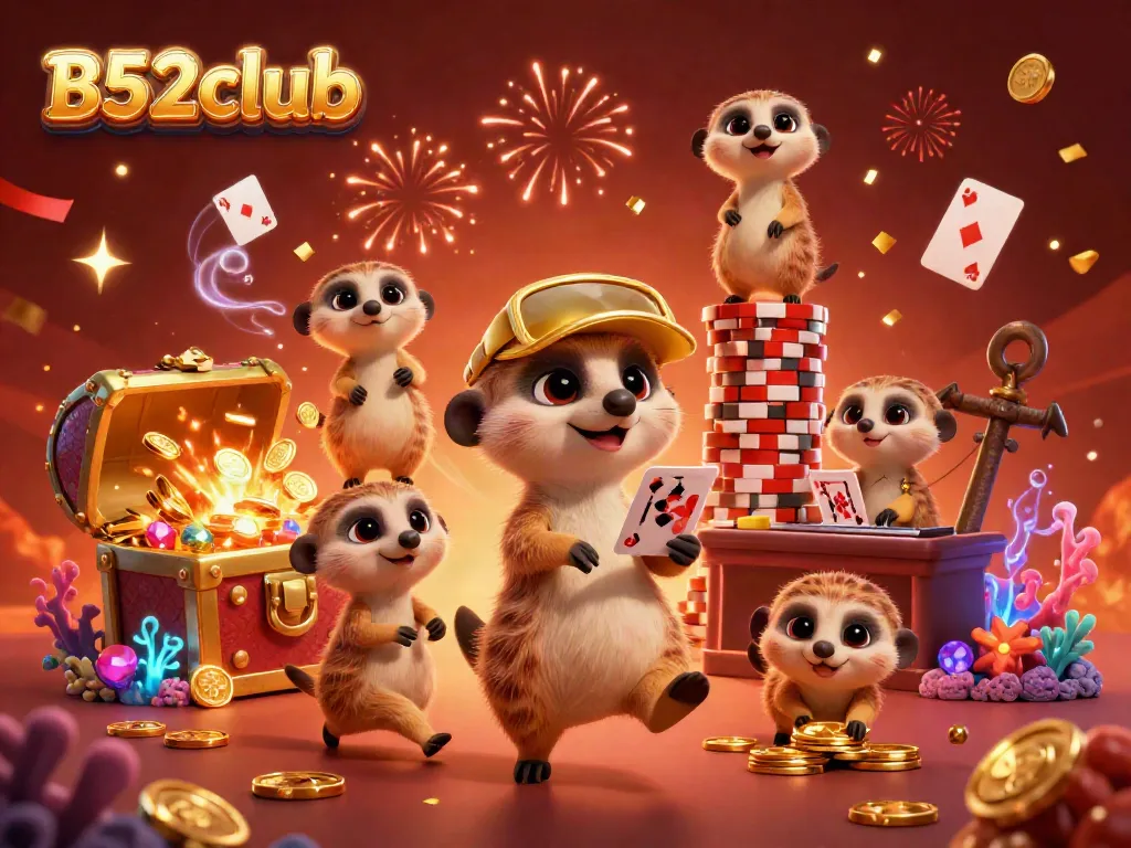 Experience exciting gameplay at B52club with an engaging scene of meerkats managing a vibrant casino.