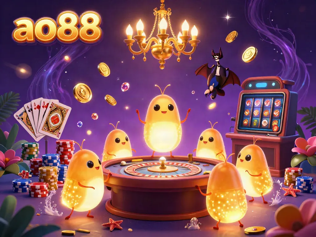 Experience the vibrant world of ao88 with animated glowworms illuminating a dynamic underwater casino scene.