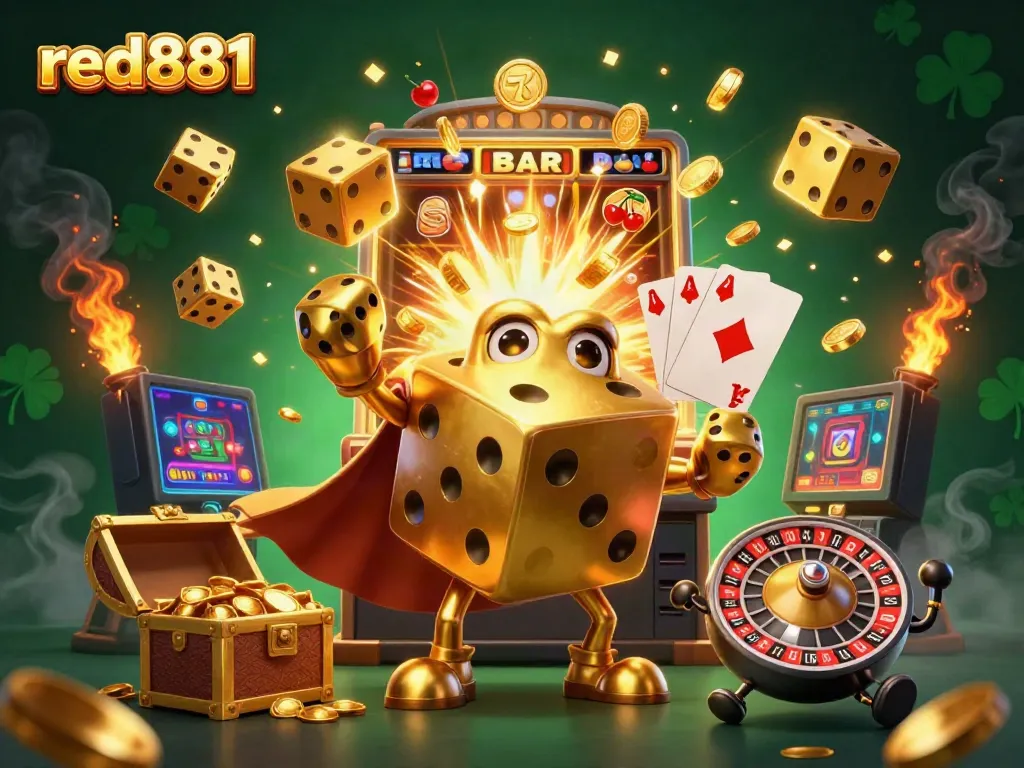 Experience lively gameplay at red881 featuring golden dice characters and a jackpot scene.