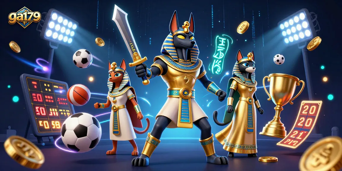 Join the winning experience with ga179, featuring a dynamic casino scene with Anubis and Bastet.