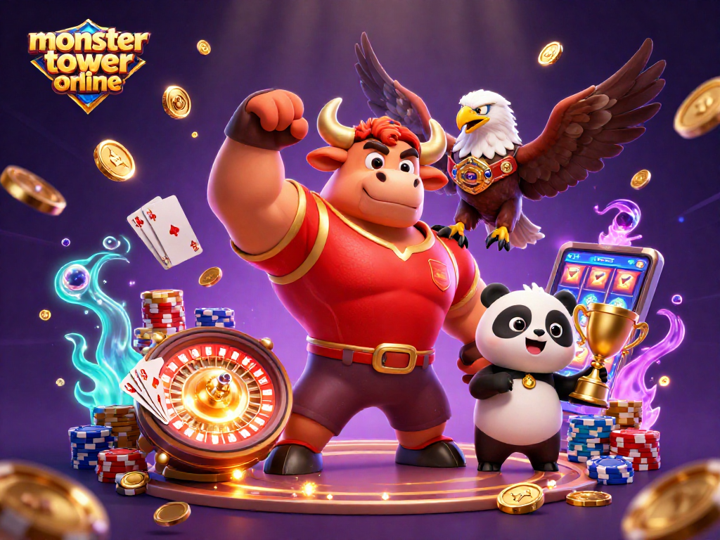 Spin to win with monster tower online as the bull mascot poses victoriously alongside treasures and lucky symbols.
