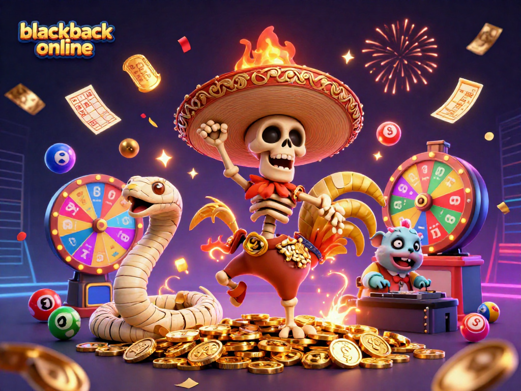 Engage in blackjack online with colorful casino elements, featuring festive characters and vibrant gameplay.