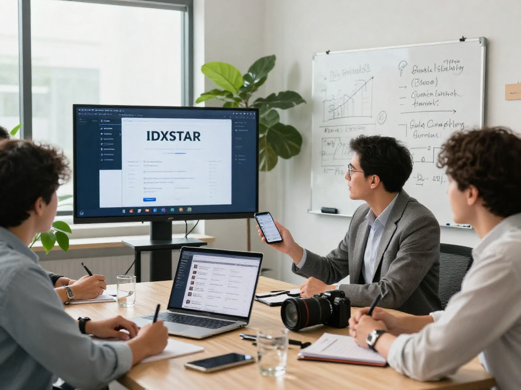 Real estate professionals showcasing IDXSTAR platform features during a dynamic business meeting.