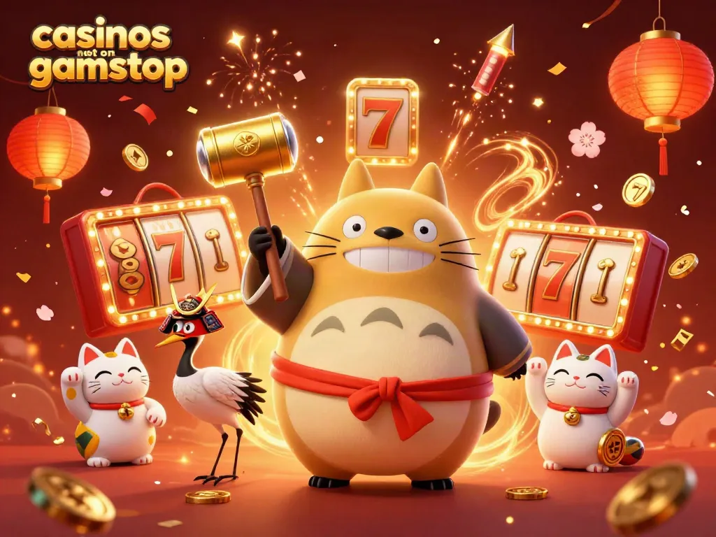 Experience the excitement of casinos not on gamstop with vibrant slots, cheerful tanuki, and festive decorations.