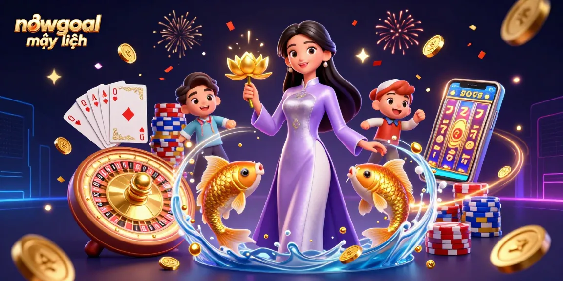 Bet on nowgoal mới nhất with an enchanting 3D scene showcasing live casino excitement, coins, and koi fish.
