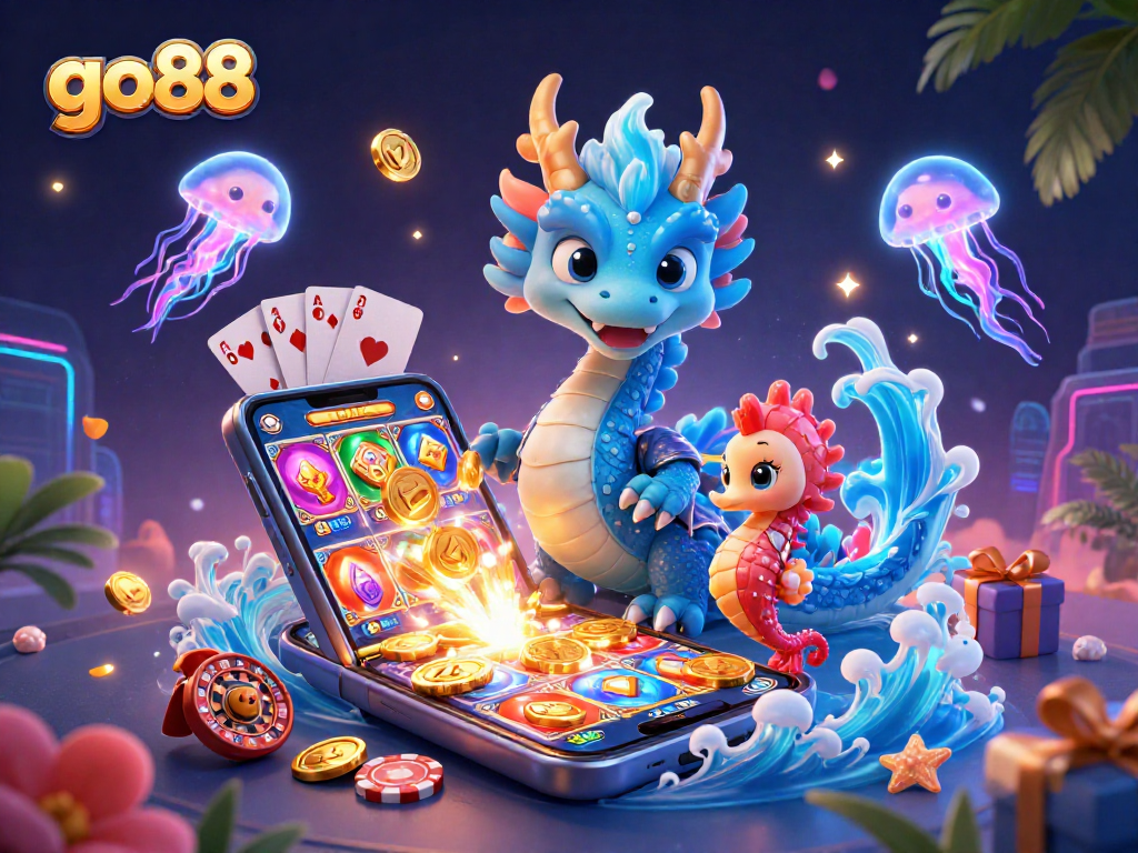 Play and win with go88 featuring a vibrant 3D casino scene.
