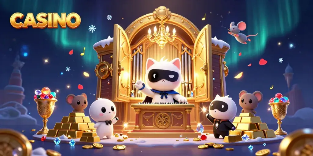 Experience a whimsical casino scene featuring a phantom cat playing an organ, surrounded by treasures and sparkling lights.