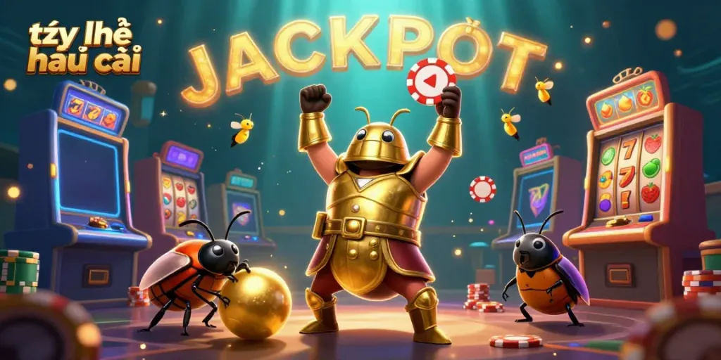 Engage in thrilling slots gameplay with tỷ lệ nhà cái highlighted by cartoon beetles celebrating a big win.
