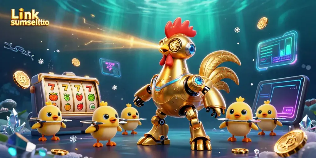 Experience excitement with Link sumseltoto, featuring a golden rooster robot and slot symbols.