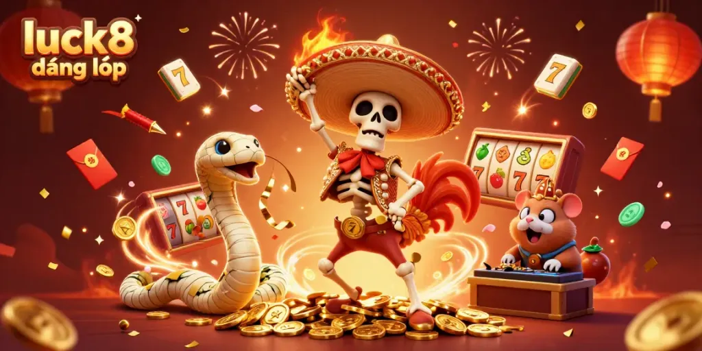 Immerse in the excitement of luck8 đăng nhập with a festive illustration showcasing a victory dance and slot game elements.
