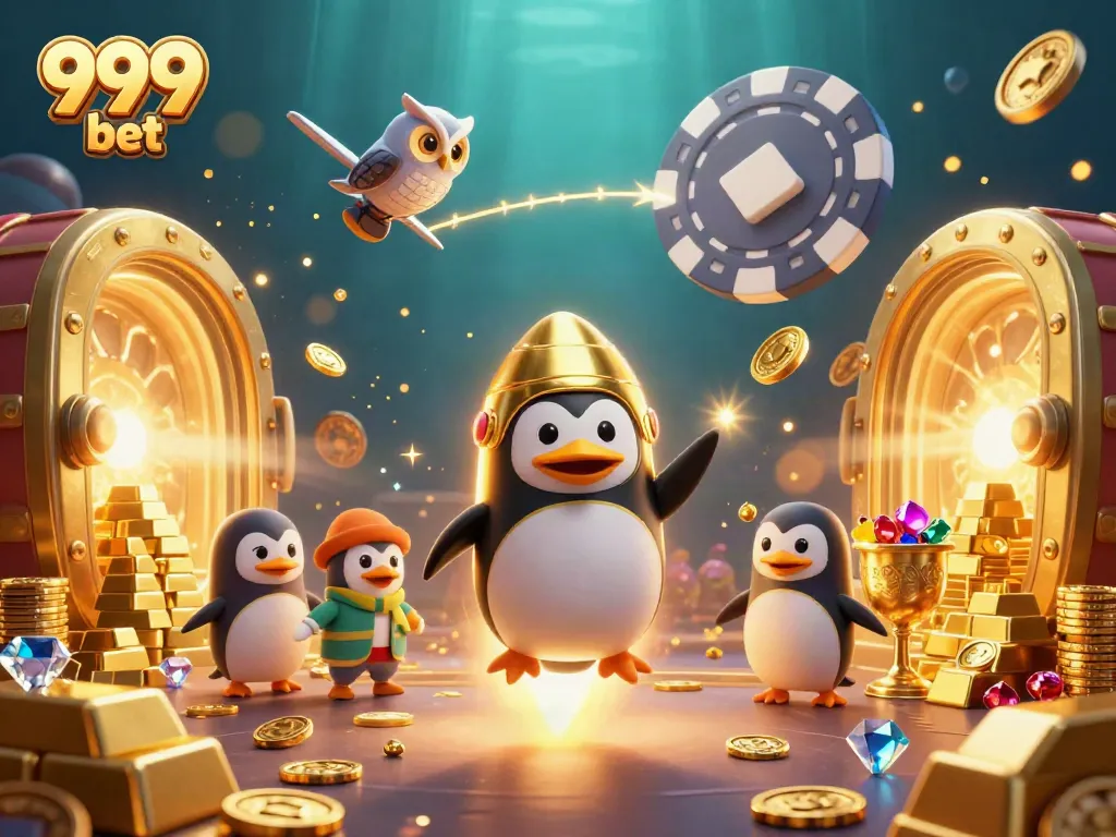 Experience the thrill of 999 bet with a dynamic 3D space scene featuring a golden penguin and casino elements.