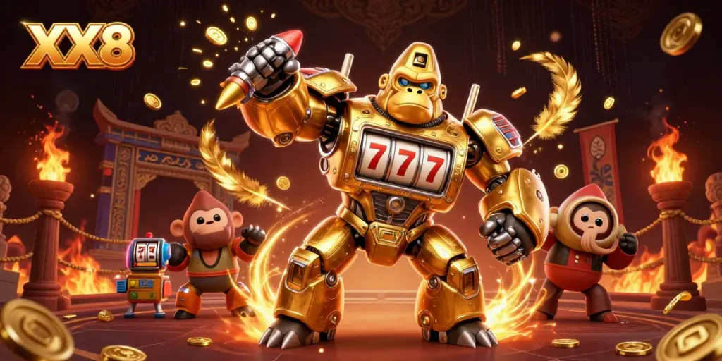Bet big with XX8's vibrant online casino experience featuring a golden mech ready to win.