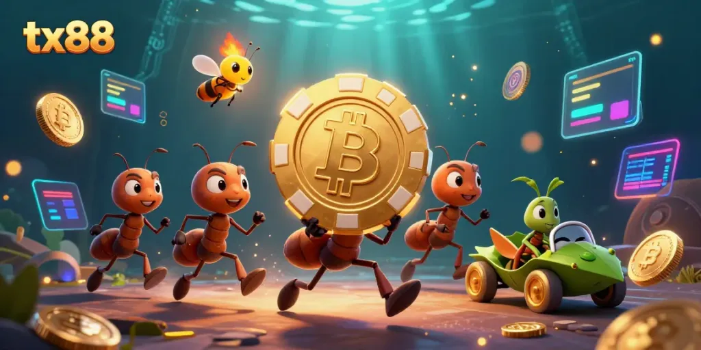 Experience the excitement of tx88 with a vibrant 3D illustration showcasing ants in a heist with golden poker chips.