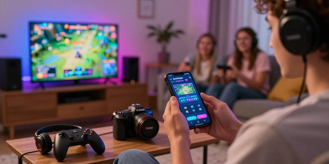 Slot7000 gaming platform user enjoying the app in a lively living room with friends.