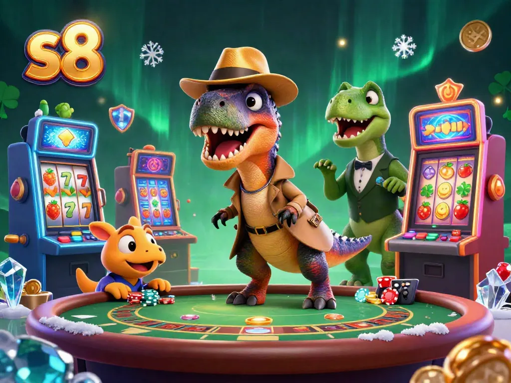S8 casino scene with a velociraptor card counter, stegosaurus pit boss, and compy pickpocket at a vibrant slot machine.