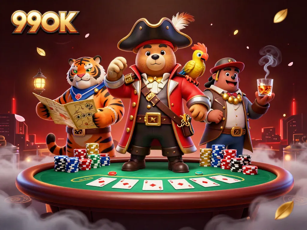 Win big at 99OK with our vibrant scene showcasing a bear captain and poker action.