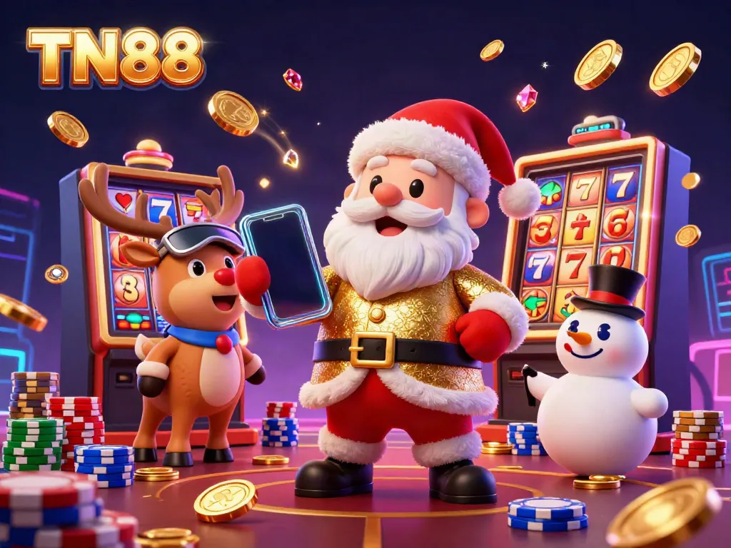Engage with TN88's festive gaming scene featuring Santa, reindeer, and a snowman among lively casino elements.