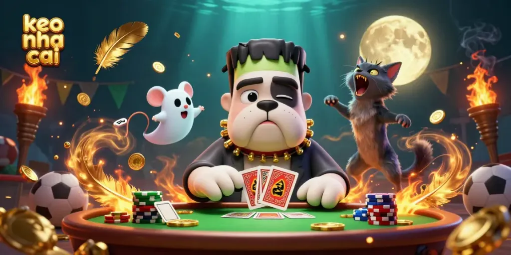 Engage with keo nha cai featuring a card-dealing bulldog monster amidst vibrant sports betting elements.