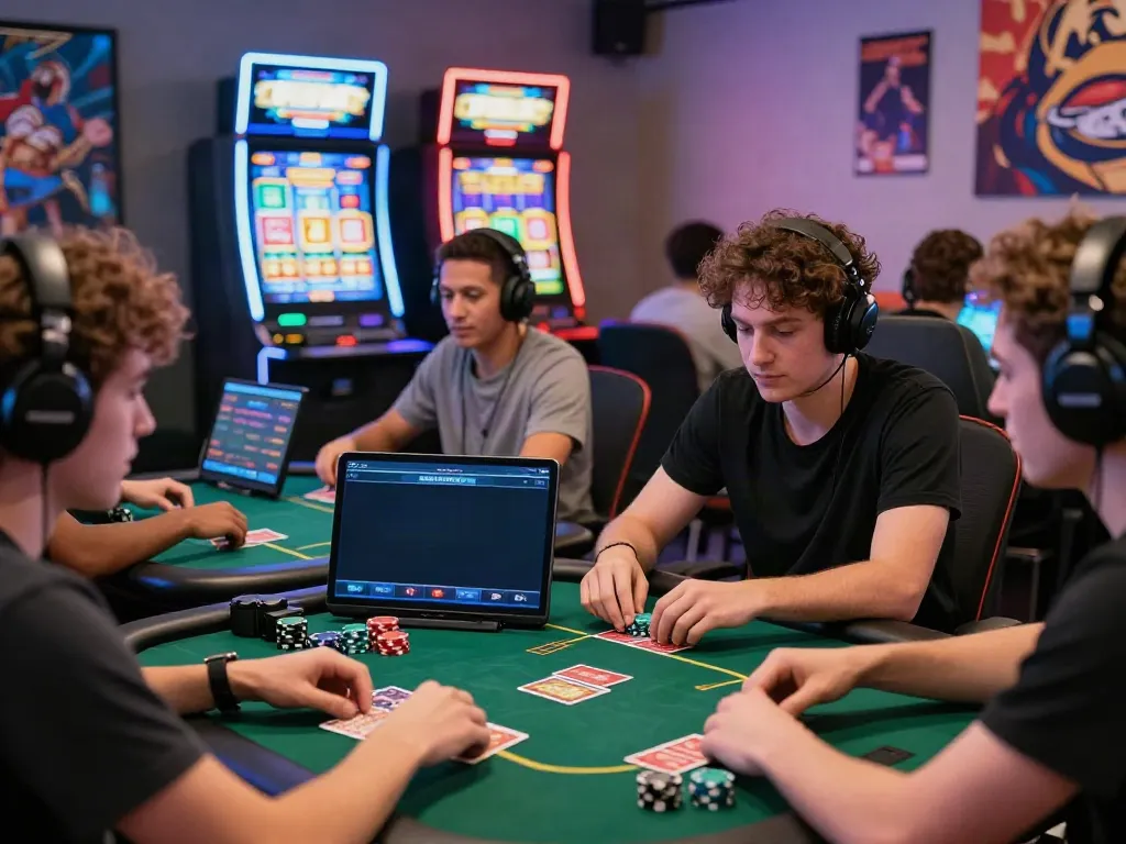 Exciting gaming scene at 9bet with friends playing poker and using a sports betting app.