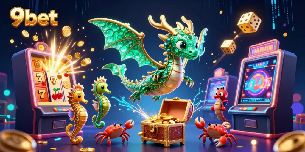 Win big with 9bet in a captivating 3D casino illustration featuring vibrant characters and elements.
