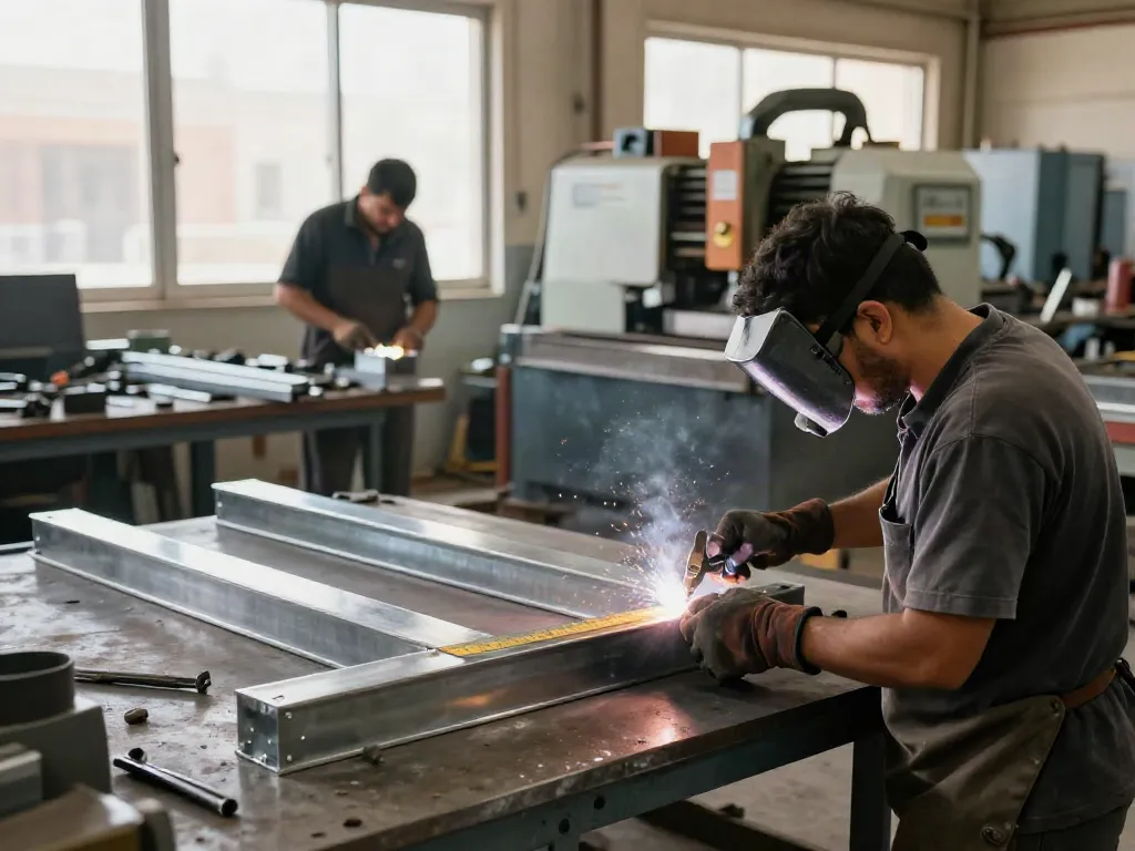 A metal fabrication workshop in Fujairah with craftsmen measuring and welding metal structures in an organized workspace.