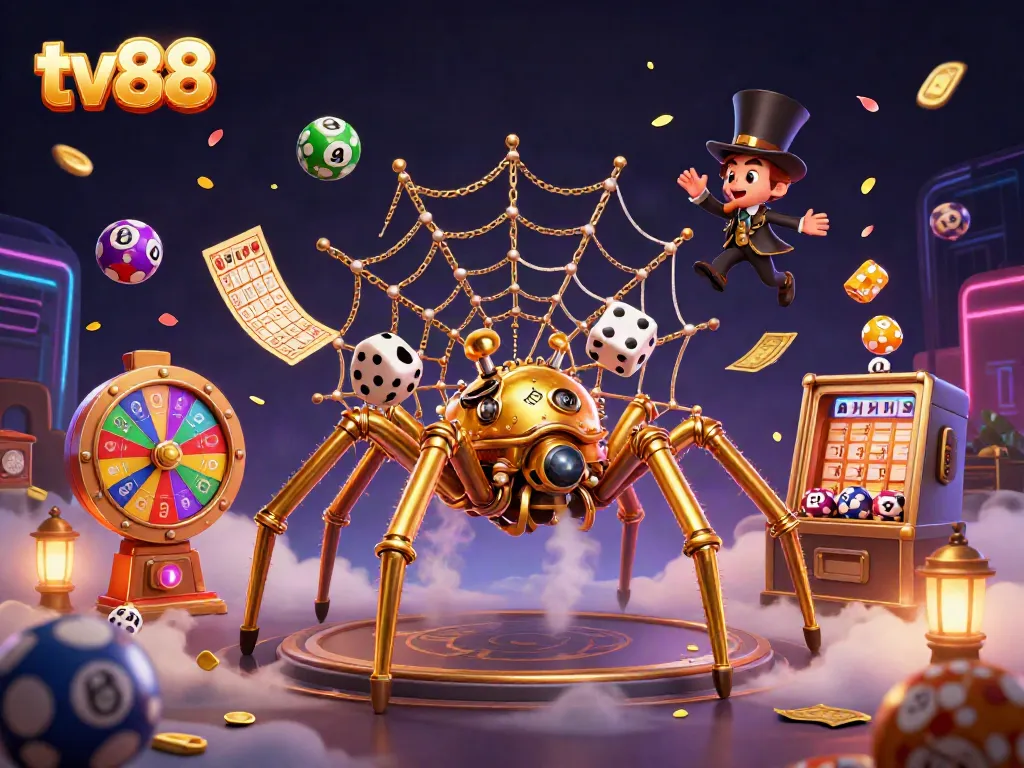 Engage with thrilling games at tv88 featuring dynamic lottery balls, a steampunk spider, and exciting prize elements.