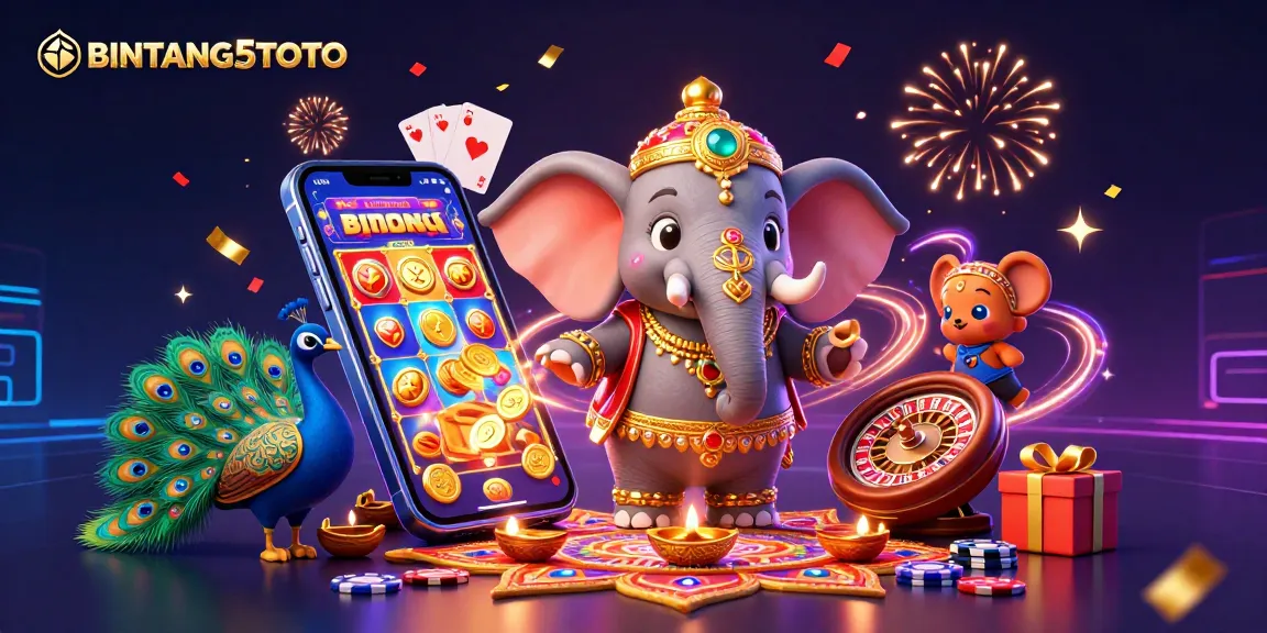 BINTANG5TOTO showcases vibrant casino excitement with 3D characters, slot games, and festive elements.