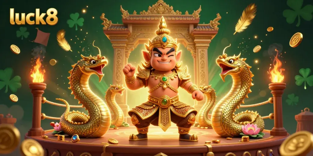 Engage with luck8's immersive casino experience featuring remarkable characters, gold coins, and vibrant elements.