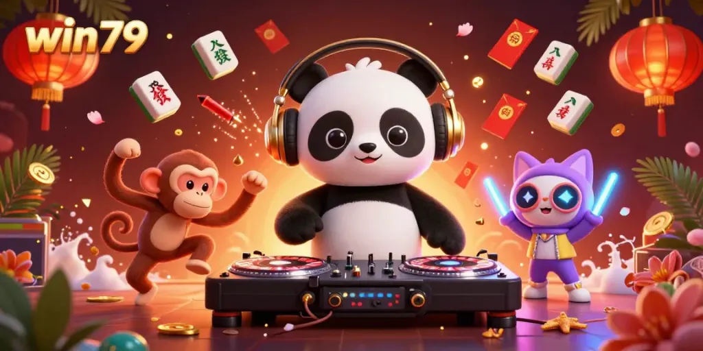 Experience thrilling gameplay at win79, featuring a DJ panda, breakdancing monkey, and glowing kitten in a festive casino scene.