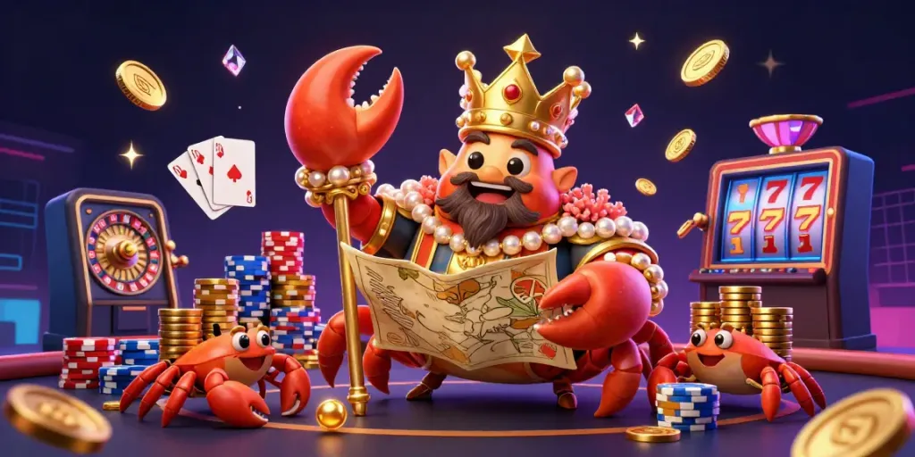 Experience the excitement of xx88 with a massive golden crab emperor in a rich casino scene.