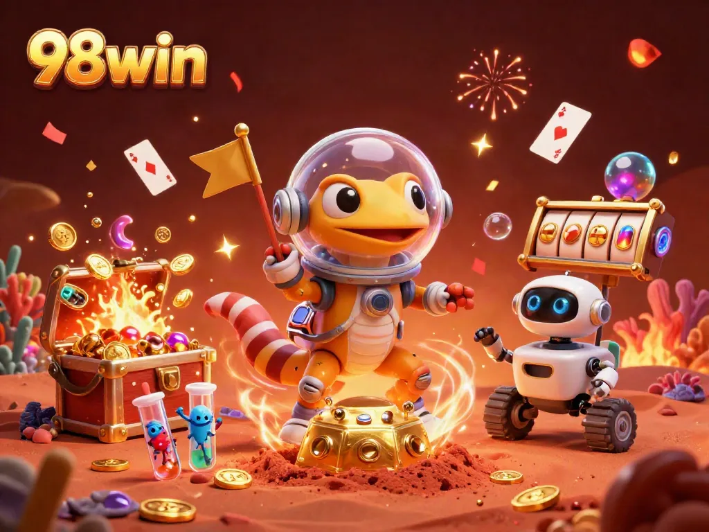 Join the 98win adventure as our Martian gecko dives into a golden casino in space!