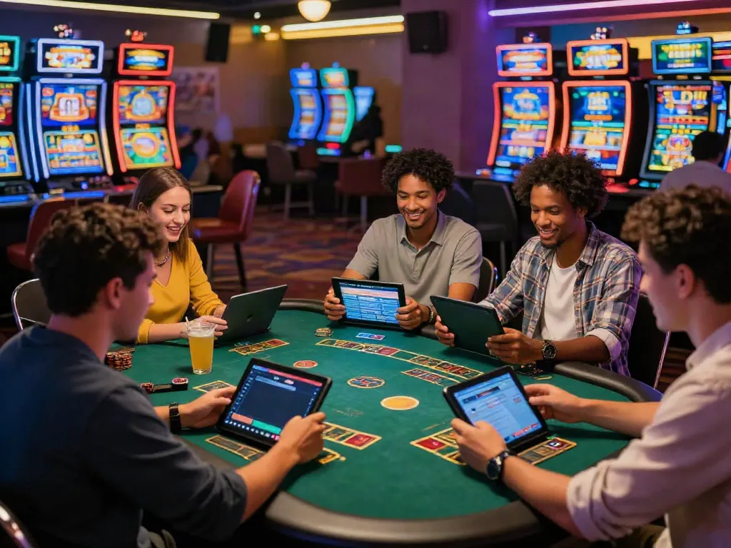 Group of friends enjoying casinos that take credit cards at a stylish online gaming venue, surrounded by vibrant atmosphere.