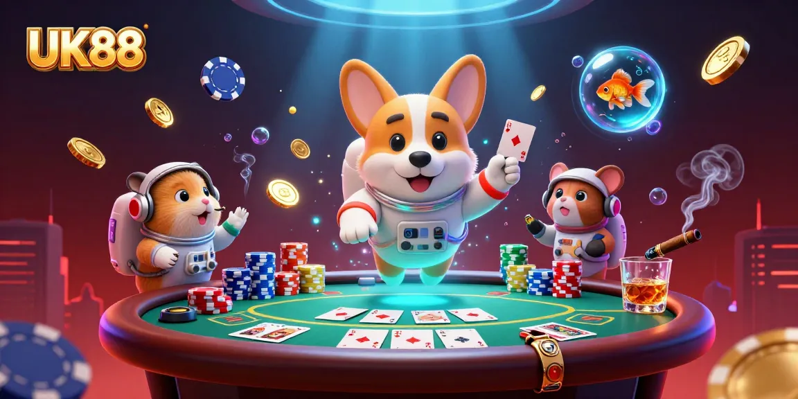 UK88 astronaut corgi plays in a vibrant casino, surrounded by drifting poker chips and cosmic elements.