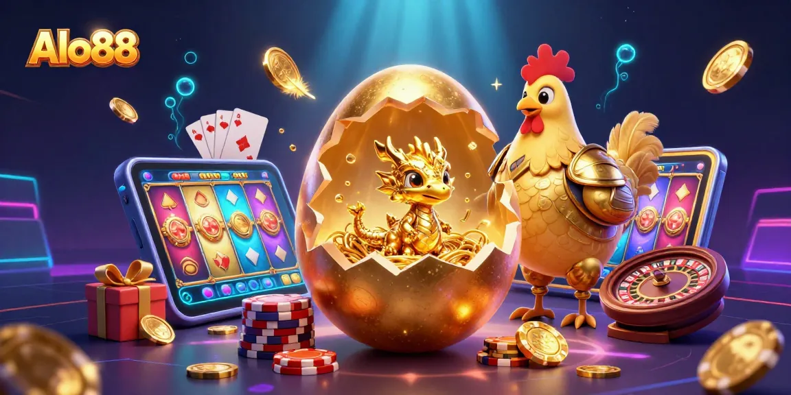 Alo88 offers thrilling gaming excitement with a majestic golden egg revealing a dragon amidst poker chips.