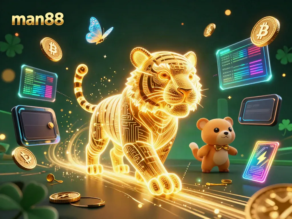 Experience thrilling gameplay with the vibrant man88 casino scene featuring a glowing golden tiger and data butterflies.