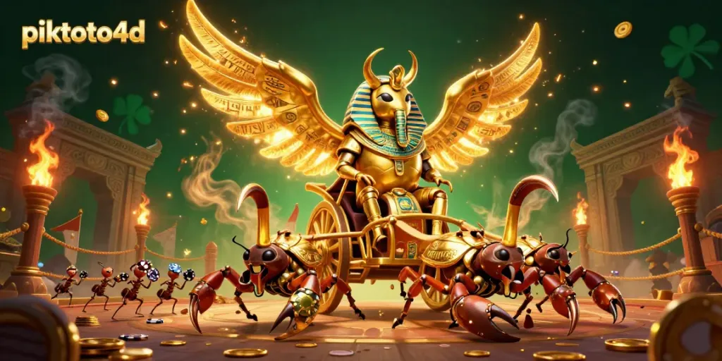 Engage in thrilling gaming with piktoto4d as golden scarab beetle champions duel in a dynamic casino scene.