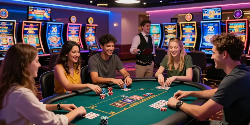 Group of friends enjoying the best USA online casinos at a vibrant gaming table.