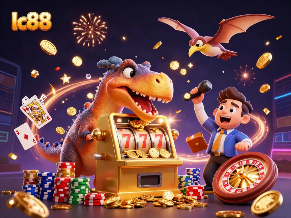 lc88 pays out jackpot coins as pachycephalosaurus interacts with a golden slot machine in a dynamic casino scene.