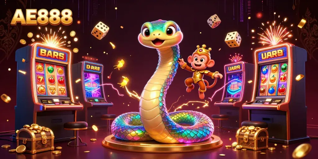 Experience the dynamic world of AE888 with a vibrant 3D casino scene featuring a rainbow serpent and a monkey king.