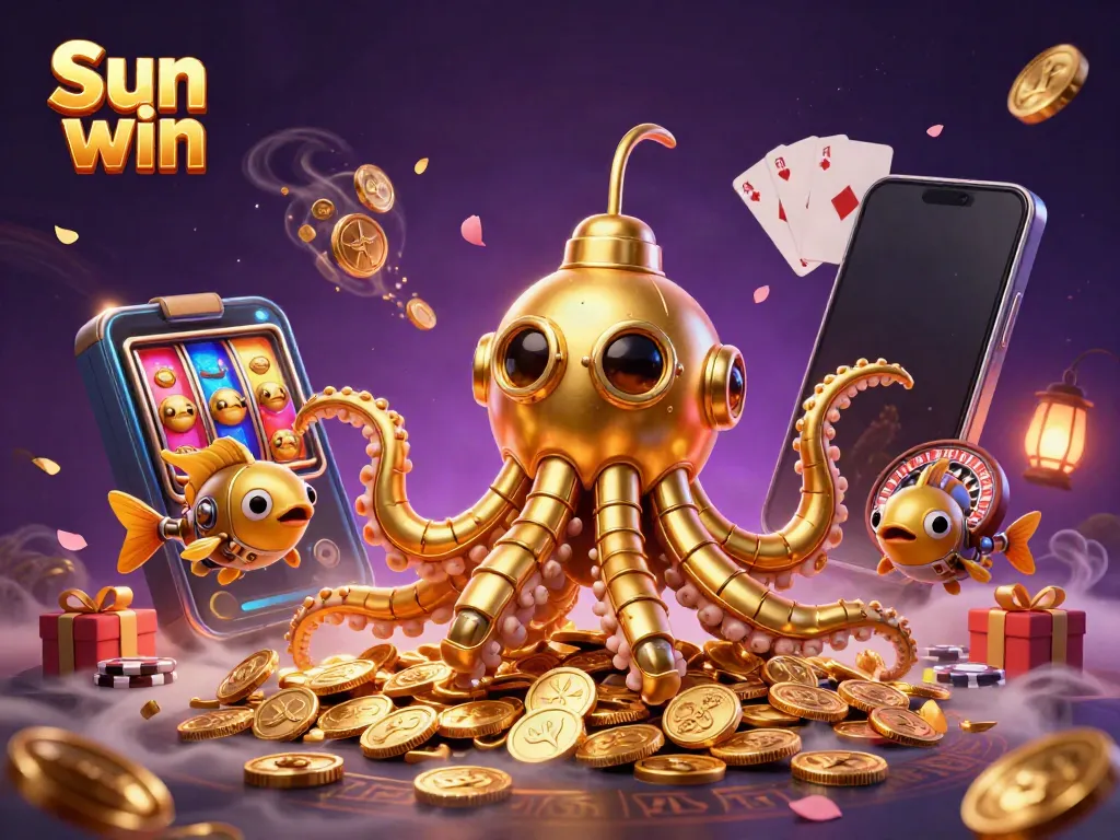Experience thrilling gaming action with Sun win's vibrant 3D casino illustration featuring a kraken and mechanical fish.