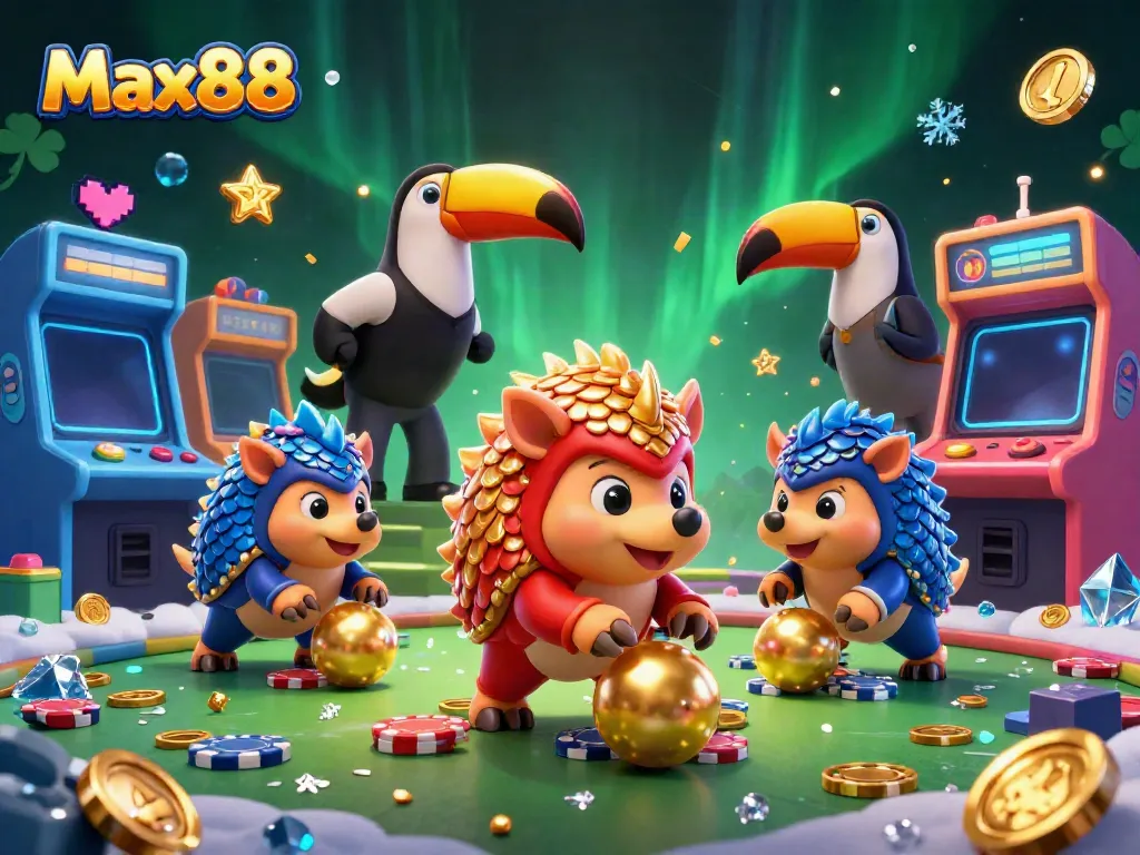 Experience thrilling gameplay with Max88 as rival pangolins roll golden balls amidst poker chips and arcade machines.